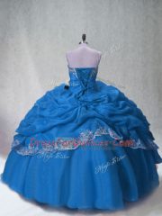 Low Price Blue Organza Lace Up Quinceanera Gown Sleeveless Floor Length Beading and Appliques and Pick Ups