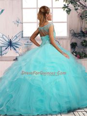 Comfortable Sleeveless Tulle Floor Length Lace Up Vestidos de Quinceanera in Aqua Blue with Beading and Ruffles