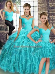 Aqua Blue Sweet 16 Quinceanera Dress Military Ball and Sweet 16 and Quinceanera with Beading and Ruffles Off The Shoulder Sleeveless Brush Train Lace Up