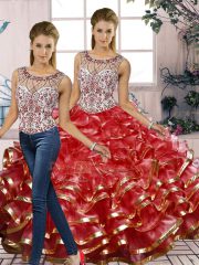 Colorful Floor Length Red Quinceanera Dresses Organza Sleeveless Beading and Ruffles