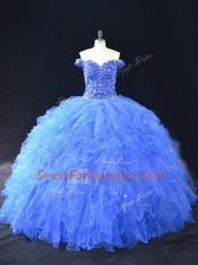 Fancy Blue Sleeveless Beading and Ruffles Floor Length Quinceanera Dress
