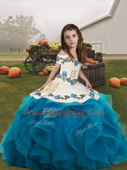 Blue Ball Gowns Embroidery and Ruffles Pageant Gowns For Girls Lace Up Organza Sleeveless Floor Length