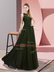 Delicate Olive Green Empire Chiffon Scoop Sleeveless Lace Floor Length Zipper Prom Evening Gown