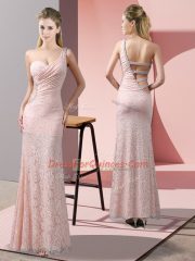 Customized Floor Length Column/Sheath Sleeveless Baby Pink Prom Evening Gown Criss Cross