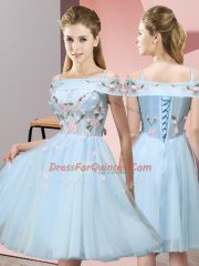 Exquisite Knee Length Empire Short Sleeves Light Blue Quinceanera Dama Dress Lace Up