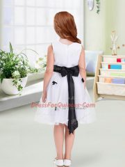 White Empire Scoop Sleeveless Tulle Knee Length Zipper Appliques and Hand Made Flower Toddler Flower Girl Dress