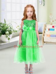 Green Empire Scoop Sleeveless Organza Tea Length Zipper Sequins and Hand Made Flower Flower Girl Dresses