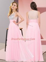 Custom Designed Baby Pink Sleeveless Beading Floor Length Quinceanera Dama Dress