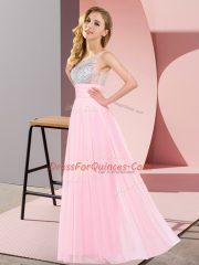 Custom Designed Baby Pink Sleeveless Beading Floor Length Quinceanera Dama Dress