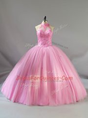 Stylish Tulle Halter Top Sleeveless Lace Up Beading Sweet 16 Quinceanera Dress in Baby Pink