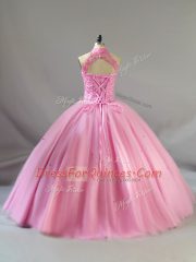 Stylish Tulle Halter Top Sleeveless Lace Up Beading Sweet 16 Quinceanera Dress in Baby Pink