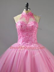 Stylish Tulle Halter Top Sleeveless Lace Up Beading Sweet 16 Quinceanera Dress in Baby Pink