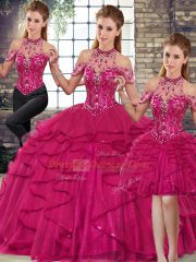 Fuchsia Tulle Lace Up Halter Top Sleeveless Floor Length 15th Birthday Dress Beading and Ruffles