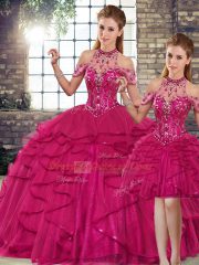 Fuchsia Tulle Lace Up Halter Top Sleeveless Floor Length 15th Birthday Dress Beading and Ruffles