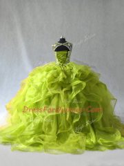 On Sale Yellow Green Ball Gowns Beading and Ruffles 15 Quinceanera Dress Lace Up Organza Sleeveless Floor Length
