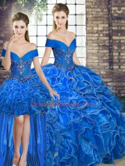 Royal Blue Organza Lace Up 15th Birthday Dress Sleeveless Floor Length Beading and Ruffles