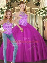 Edgy Floor Length Lace Up Quinceanera Dress Fuchsia for Sweet 16 and Quinceanera with Beading