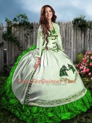 Floor Length Lace Up 15 Quinceanera Dress Green for Sweet 16 and Quinceanera with Embroidery and Ruffles