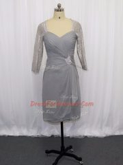Grey Half Sleeves Knee Length Beading and Ruching Zipper Prom Evening Gown
