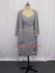 Grey Half Sleeves Knee Length Beading and Ruching Zipper Prom Evening Gown