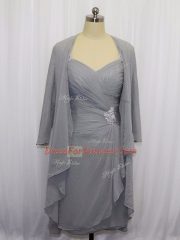 Grey Half Sleeves Knee Length Beading and Ruching Zipper Prom Evening Gown