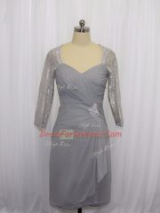 Grey Half Sleeves Knee Length Beading and Ruching Zipper Prom Evening Gown