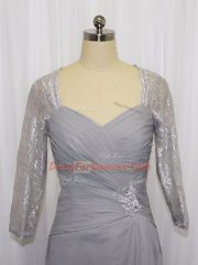 Grey Half Sleeves Knee Length Beading and Ruching Zipper Prom Evening Gown