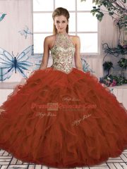 Rust Red Ball Gowns Halter Top Sleeveless Tulle Floor Length Lace Up Beading and Ruffles Vestidos de Quinceanera