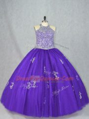 Sleeveless Floor Length Beading and Appliques Lace Up Quinceanera Dresses with Purple