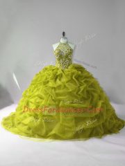 High Class Olive Green Tulle Lace Up Halter Top Sleeveless Sweet 16 Quinceanera Dress Court Train Beading and Pick Ups