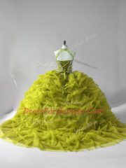 High Class Olive Green Tulle Lace Up Halter Top Sleeveless Sweet 16 Quinceanera Dress Court Train Beading and Pick Ups