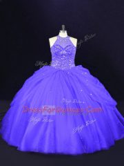 Purple Halter Top Lace Up Beading 15th Birthday Dress Sleeveless
