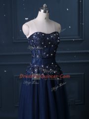 High End Navy Blue Sleeveless Tulle Zipper Prom Dresses for Prom and Party and Military Ball and Sweet 16 and Quinceanera