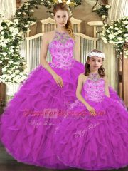 Best Selling Ball Gowns Sweet 16 Dresses Fuchsia Halter Top Tulle Sleeveless Floor Length Lace Up