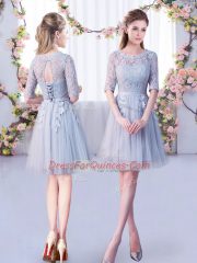 Dazzling Mini Length Grey Court Dresses for Sweet 16 Tulle Half Sleeves Lace