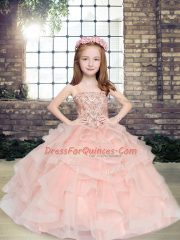 Straps Sleeveless Lace Up Pageant Gowns For Girls Peach Tulle