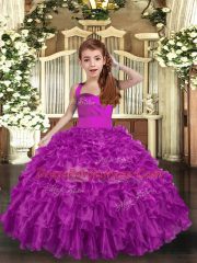 Fuchsia Ball Gowns Straps Sleeveless Organza Floor Length Lace Up Ruffles and Ruching Little Girls Pageant Dress Wholesale