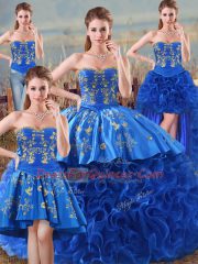Super Fabric With Rolling Flowers Sweetheart Sleeveless Lace Up Embroidery and Ruffles Quinceanera Dresses in Royal Blue