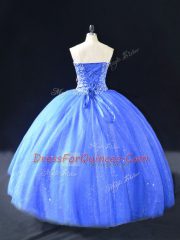 Blue Lace Up Sweetheart Beading Quince Ball Gowns Tulle Sleeveless