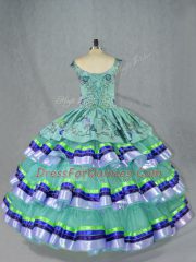 Attractive Sleeveless Lace Up Floor Length Embroidery and Ruffled Layers Quinceanera Gown