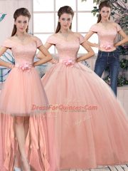 Short Sleeves Floor Length Lace and Hand Made Flower Lace Up Sweet 16 Quinceanera Dress with Pink