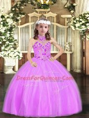 Lilac Ball Gowns Tulle Halter Top Sleeveless Appliques Floor Length Lace Up Little Girl Pageant Dress