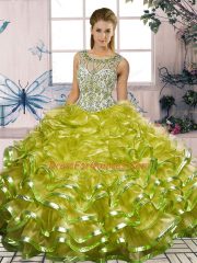 Floor Length Lace Up Quince Ball Gowns Olive Green for Military Ball and Sweet 16 and Quinceanera with Beading and Ruffles
