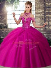 Customized Tulle Sleeveless 15th Birthday Dress Brush Train and Beading and Pick Ups