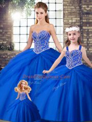 Royal Blue Tulle Lace Up Sweet 16 Dresses Sleeveless Brush Train Beading and Pick Ups