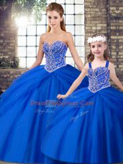 Royal Blue Tulle Lace Up Sweet 16 Dresses Sleeveless Brush Train Beading and Pick Ups