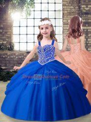 Royal Blue Tulle Lace Up Sweet 16 Dresses Sleeveless Brush Train Beading and Pick Ups