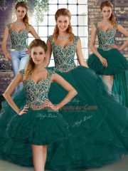 Sleeveless Floor Length Beading and Ruffles Lace Up Sweet 16 Dress with Peacock Green