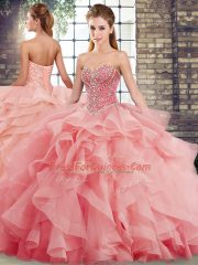 Watermelon Red Tulle Lace Up Sweetheart Sleeveless Quinceanera Dresses Brush Train Beading and Ruffles
