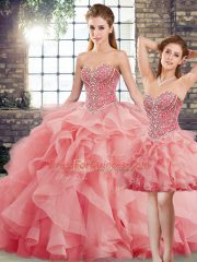 Watermelon Red Tulle Lace Up Sweetheart Sleeveless Quinceanera Dresses Brush Train Beading and Ruffles